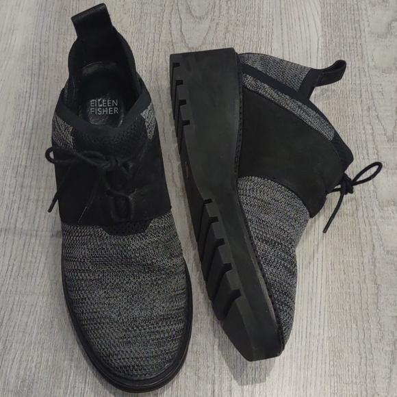 👢Eileen Fisher WILSON gray fabric Black Tie Wedge Oxford Women's Shoes 9 1/2 - Picture 2 of 12